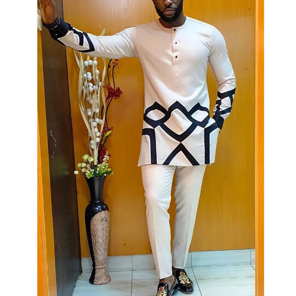 Kaftan Agbada Homme Style Africain 2 Pièces Veste Manches Longues + Pantalon Mariage Cérémonie S-XXL – CLEVI Paris