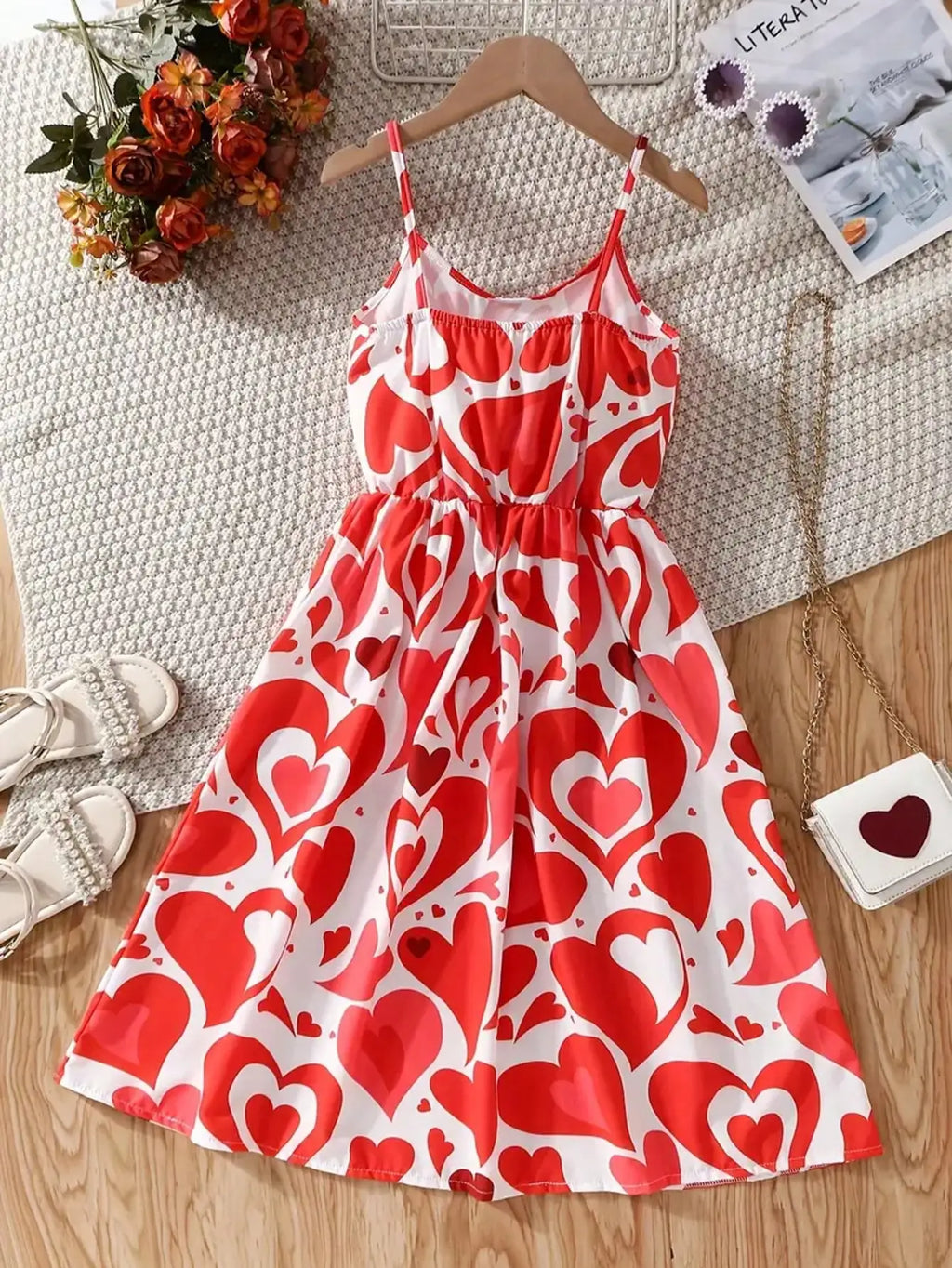 Robe fille rouge à cœurs sans manches – CLEVI Paris