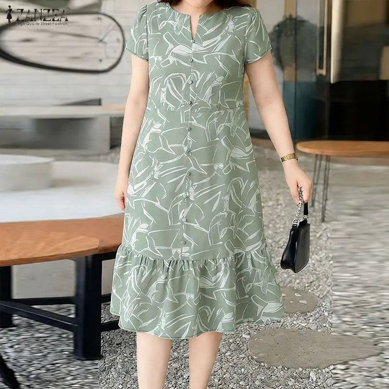 Robe Femme Col V Manches Courtes Imprimé Floral A-line Mi-Mollet Ourlet Volants Bohème – CLEVI Paris