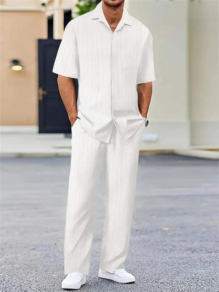 Ensemble 2 Pièces Homme Chemise Imprimée 3D Col Cranté + Pantalon Casual Voyage – 26 Motifs, S à 2XL – CLEVI Paris