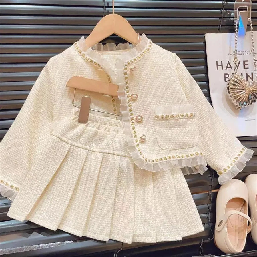Ensemble fille beige dentelle et jupe plissée – CLEVI Paris