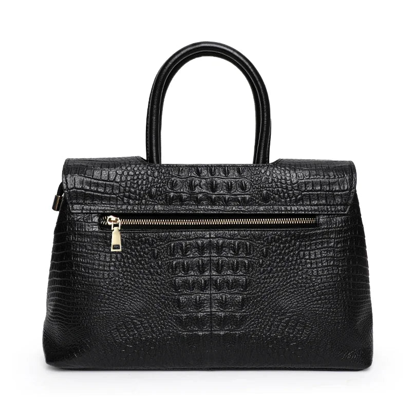 Sac Satchel Femme Cuir Véritable Croco Structuré Rabat Noir – CLEVI Paris