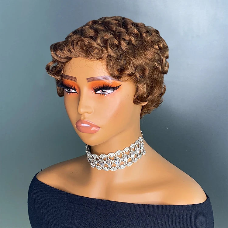 Perruque Pixie Cut Chioma Curly Wavy Highlight Cheveux Humains Brésiliens 150% 4 Teintes 6 Pouces – CLEVI Paris