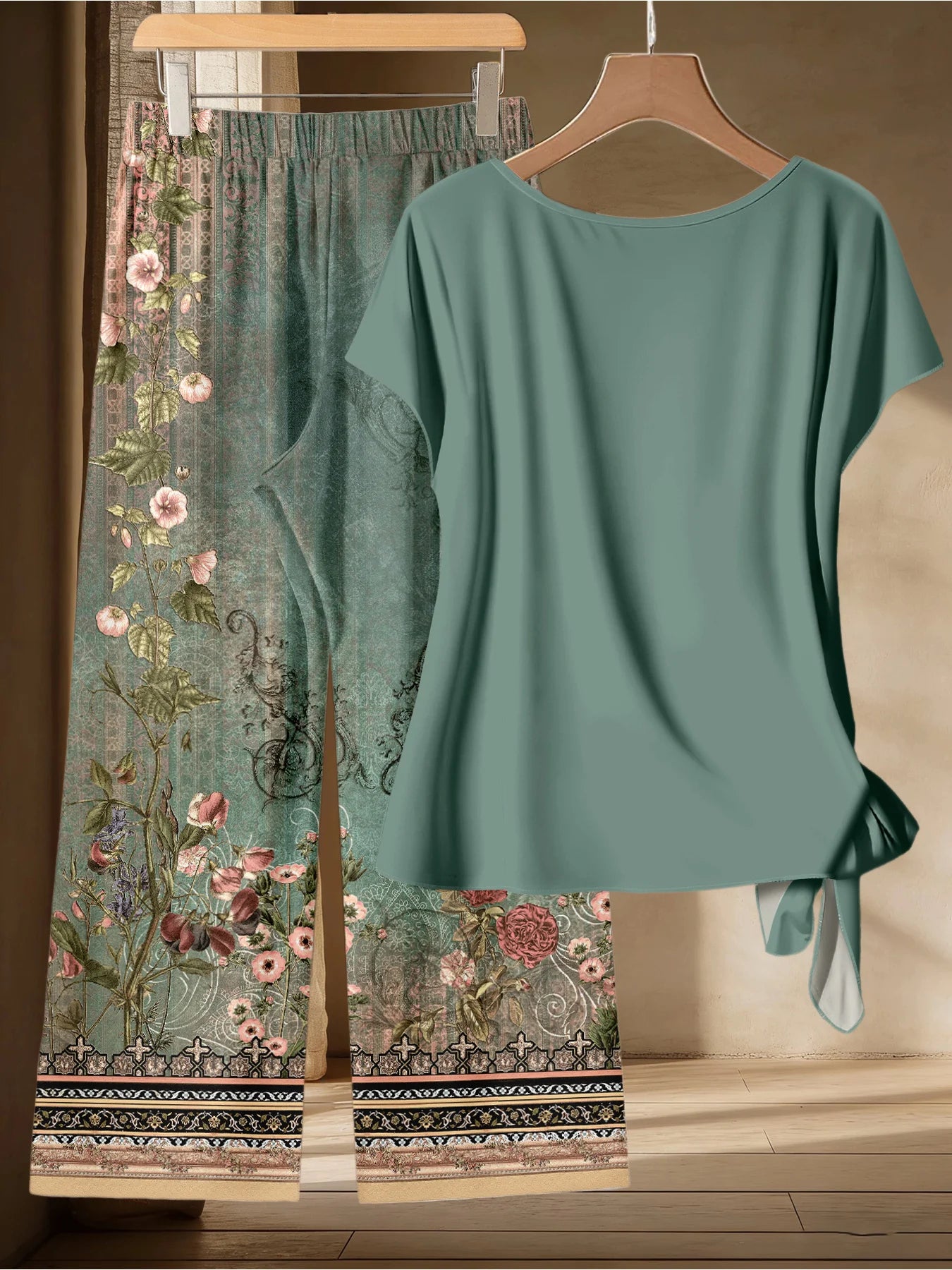 Ensemble 2 Pièces Femme Grande Taille Top Manches Courtes + Pantalon Large Floral Rétro Vert – CLEVI Paris