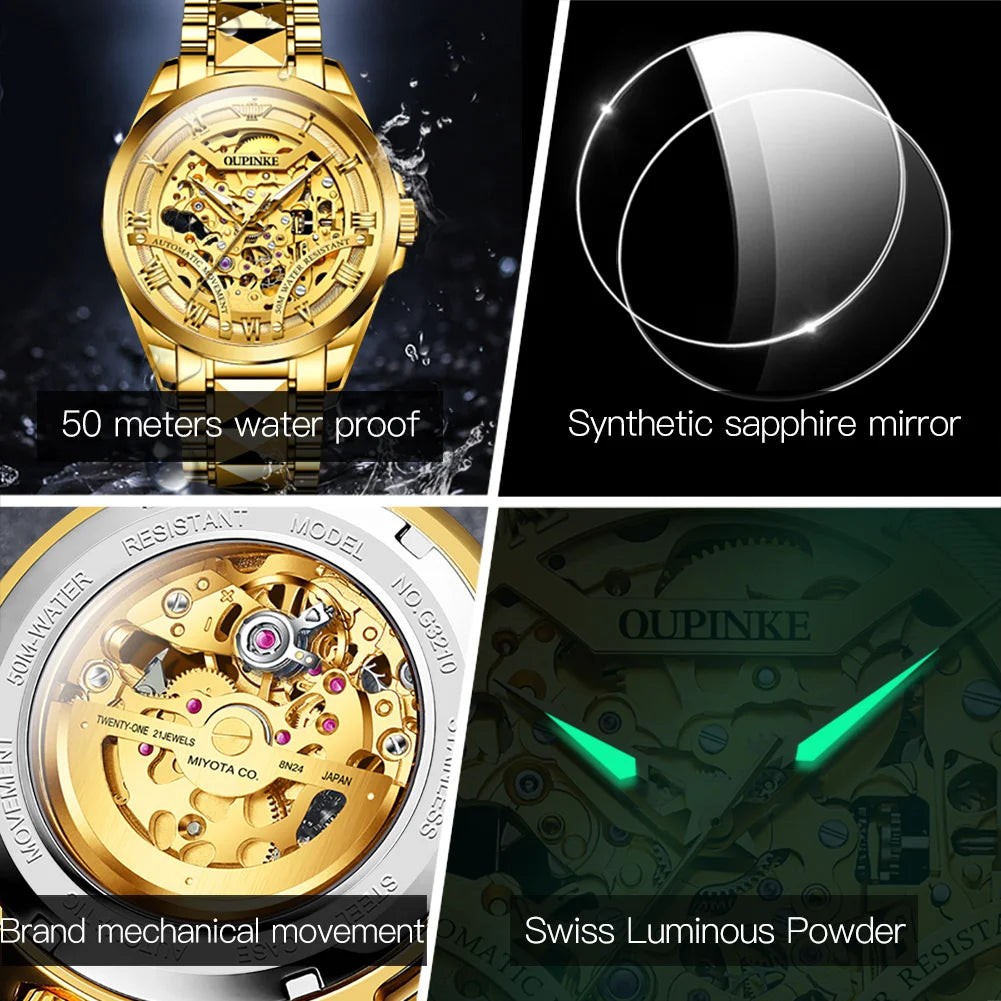 OUPINKE 3210 Montre Homme Automatique Squelette Saphir Chiffres Romains 5ATM – CLEVI Paris