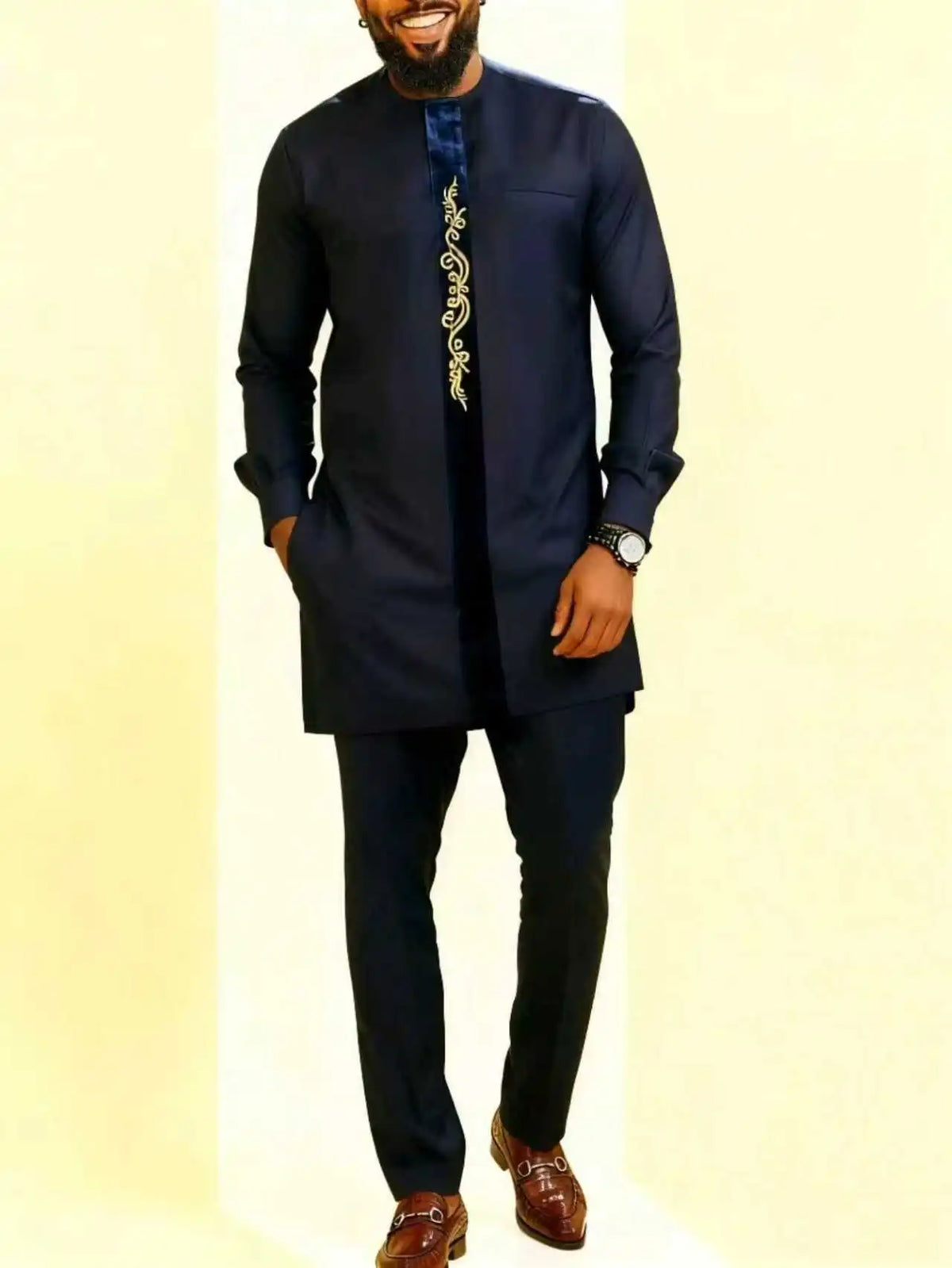 Ensemble Kaftan Homme 2 Pièces Broderie Manches Longues Col Rond + Pantalon Cordon Style Africain Mariage M-4XL – CLEVI Paris