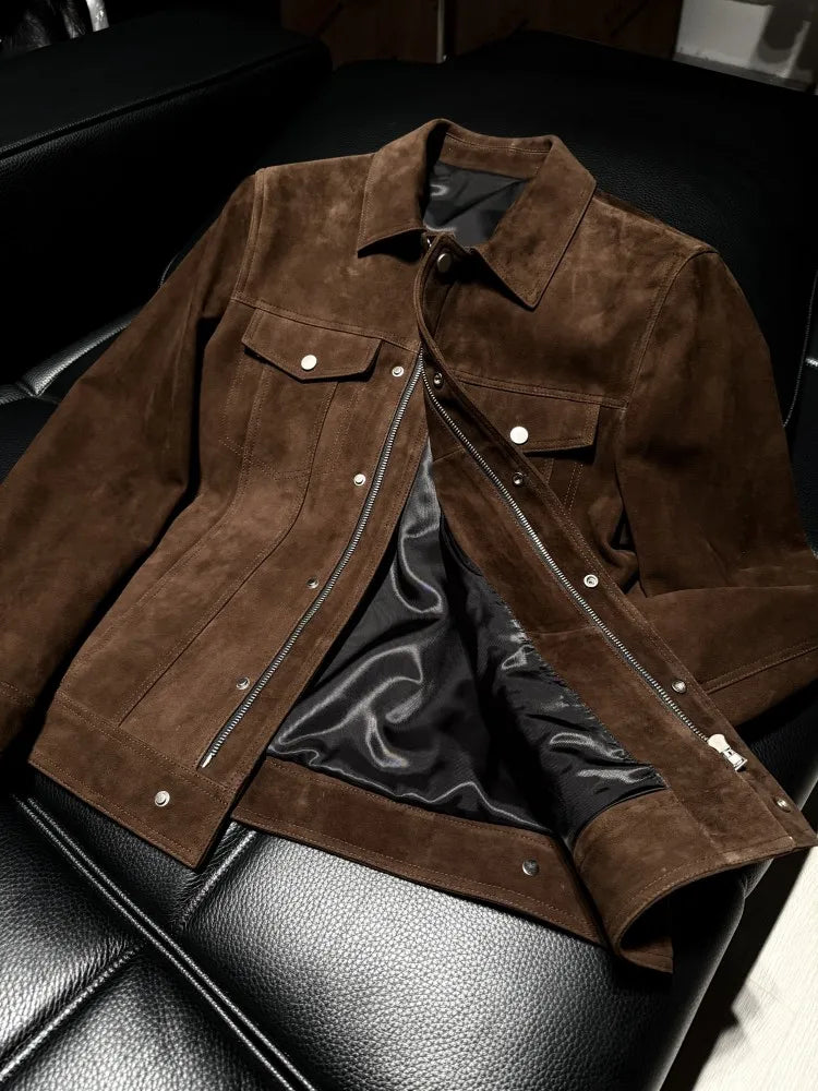 Veste homme marron aspect daim à col rabattu – CLEVI Paris