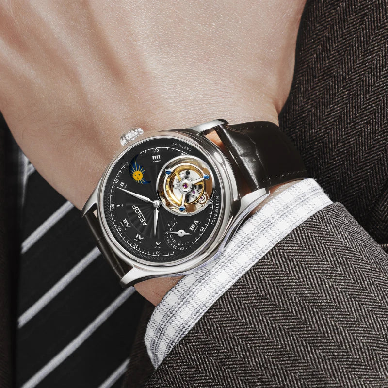 Montre Homme Tourbillon Phase de Lune AESOP 7027 – Squelette Verre Saphir Étanche 50m Garantie 3 Ans – CLEVI Paris
