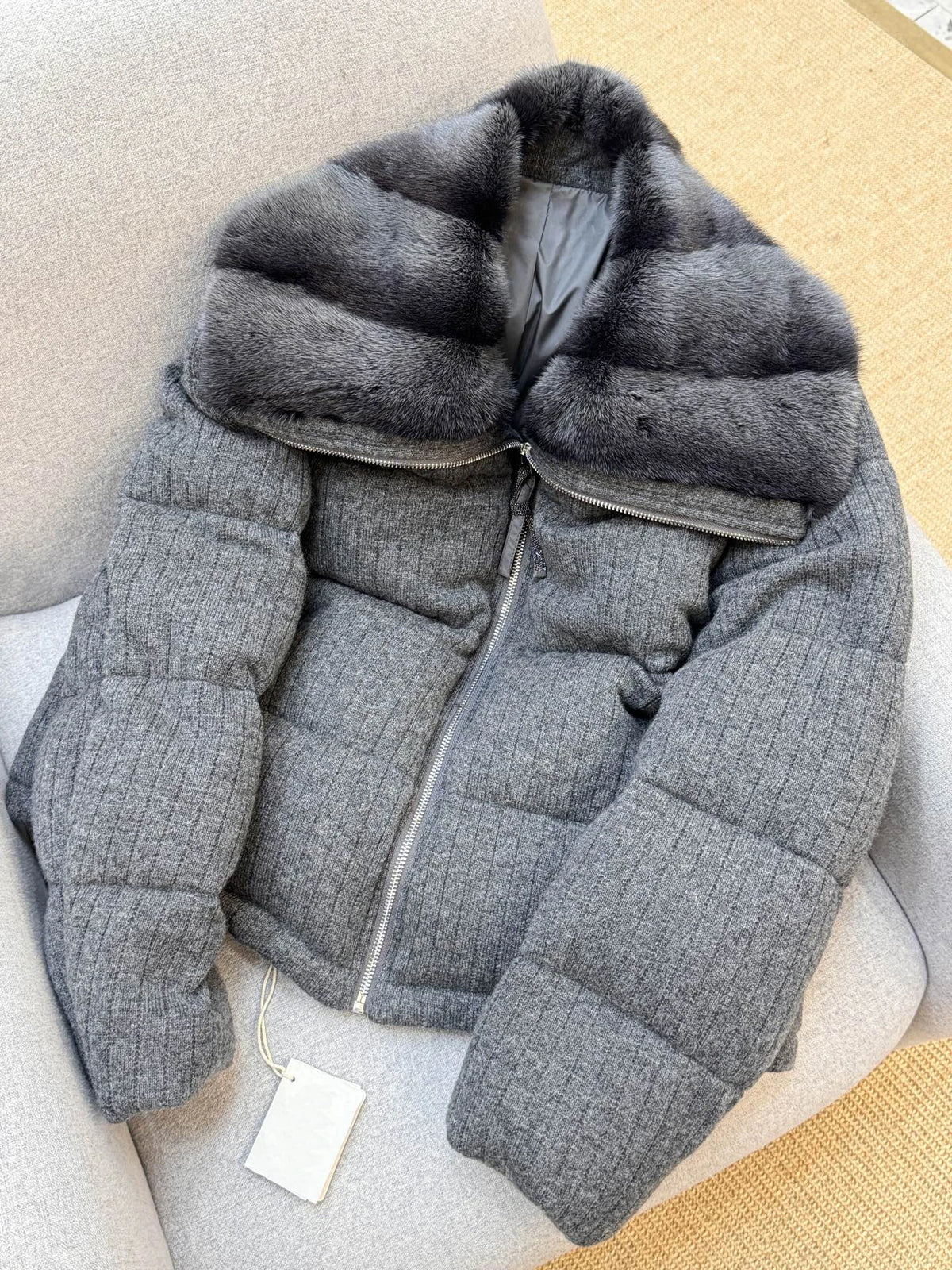 Doudoune femme courte à grand col texturé – CLEVI Paris