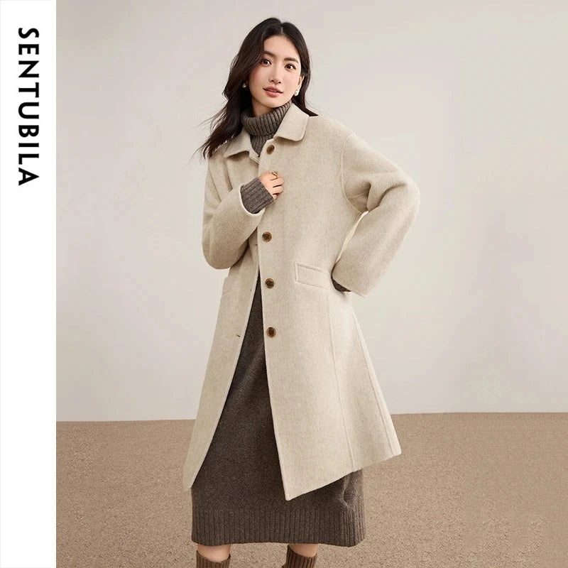 Manteau long femme en laine mélangée à col polo – CLEVI Paris