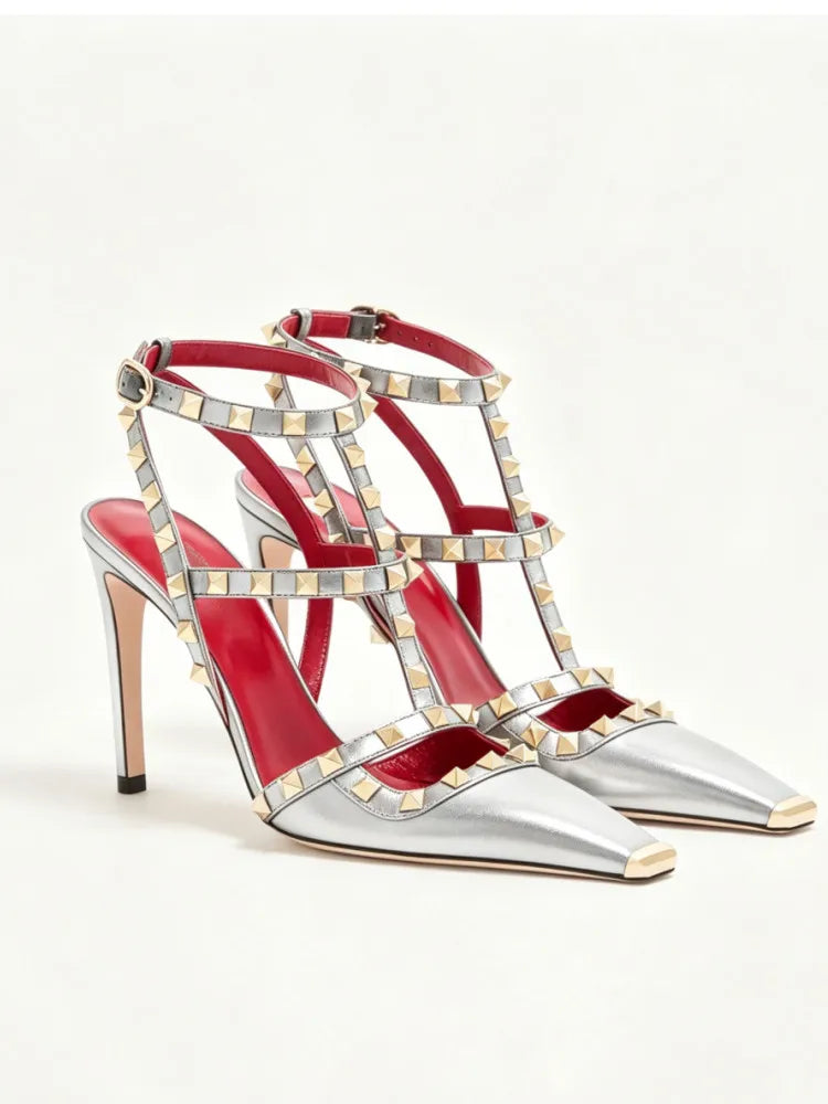Sandales femme à talon fin et rivets – CLEVI Paris