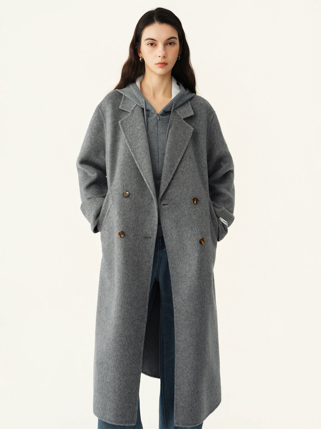 Manteau long croisé en laine et soie femme – CLEVI Paris