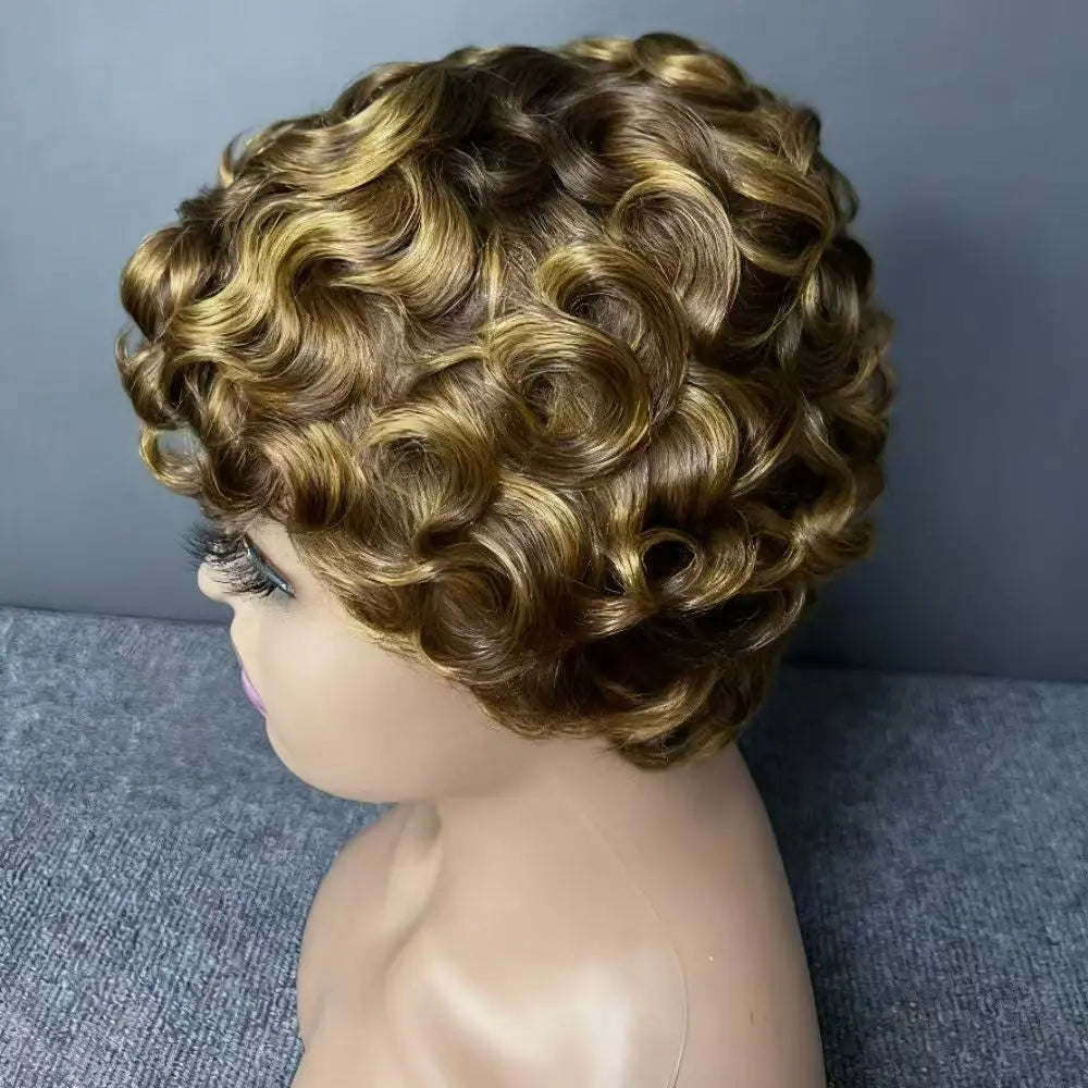 Perruque Pixie Cut Curly Cheveux Humains Brésiliens Sans Lace Bonnet Rose 150% 6 Teintes – CLEVI Paris