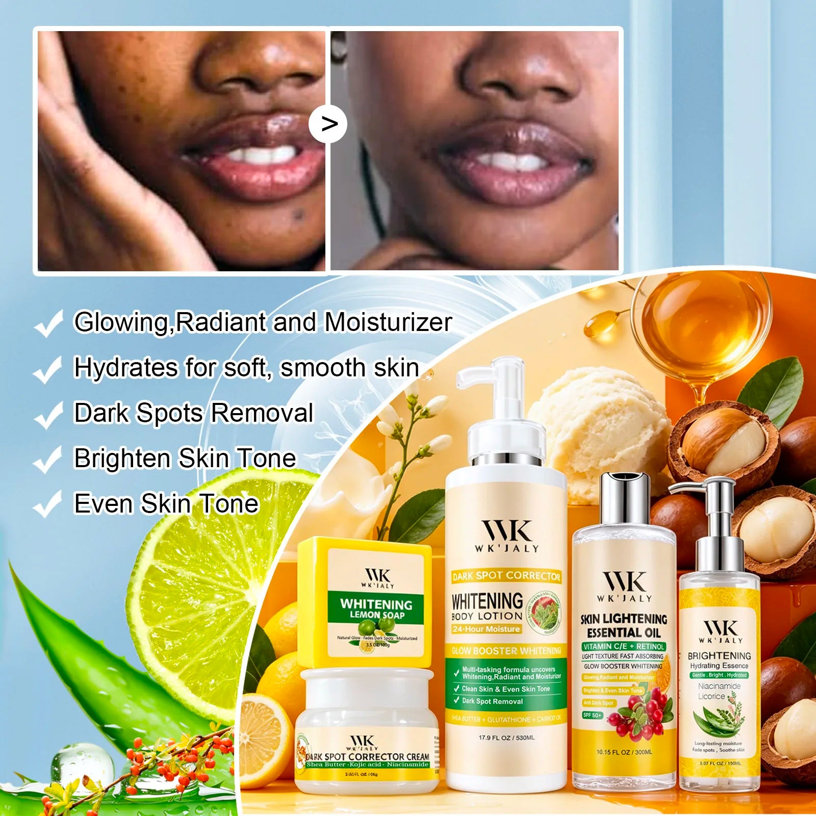 Coffrets & Packs Éclaircissants WK'JALY – Lotion, Huile, Sérum, Crème & Savon Anti-Taches – CLEVI Paris
