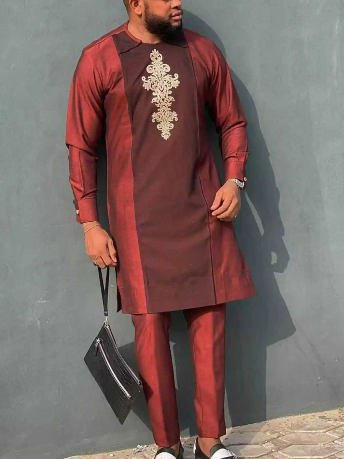Ensemble Kaftan Homme 2 Pièces Broderie Manches Longues Col Rond + Pantalon Cordon Style Africain Mariage M-4XL – CLEVI Paris