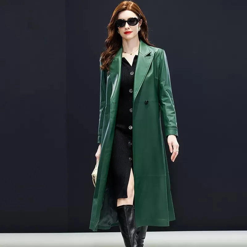 Trench long femme cuir de mouton ceinturé – CLEVI Paris