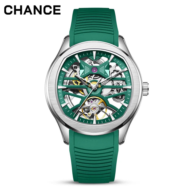 Montre Mécanique Homme Squelette Tourbillon – Boîtier Ovale Acier, Aiguilles Lumineuses & 3 Coloris