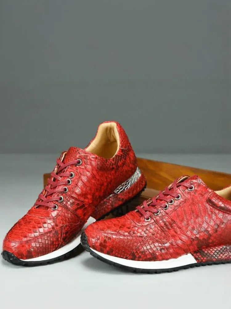Sneakers Homme Cuir Snakeskin Lacets Plateforme Rouge – CLEVI Paris