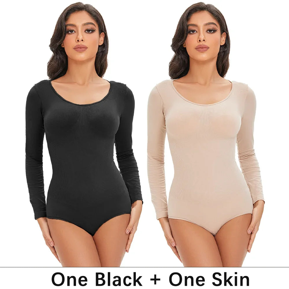 Gaine Gainante Femme Bodysuit Manches Longues Col Rond Sans Couture Contrôle Ferme Entrejambe Ouvert Minceur S-XXL – CLEVI Paris
