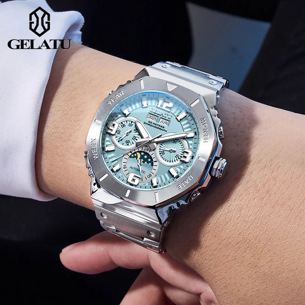 GELATU 6030 Montre Homme Automatique Phase de Lune Saphir Acier 316L 50M – CLEVI Paris