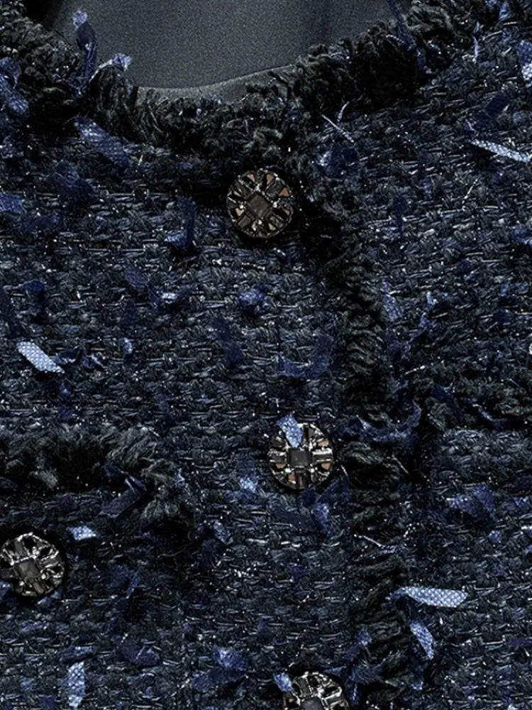 Veste femme en tweed bleu à col rond – CLEVI Paris