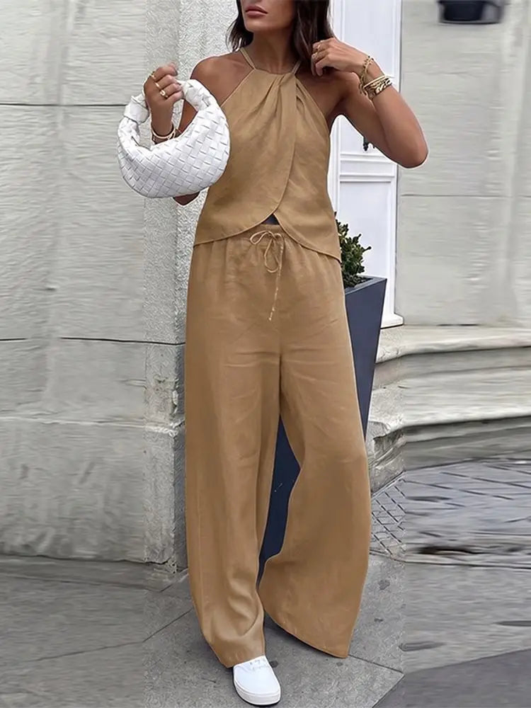 Ensemble 2 Pièces Femme Top Halter Sans Manches Lacé Tissu Froissé + Pantalon Droit Taille Mi-Haute Élastique Streetwear Casual 6 Coloris – CLEVI Paris