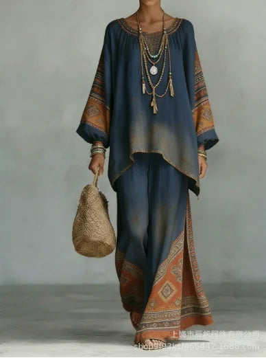 Ensemble femme bohème imprimé haut et pantalon – CLEVI Paris
