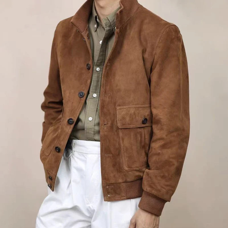 Blouson homme en cuir suédé à col montant – CLEVI Paris
