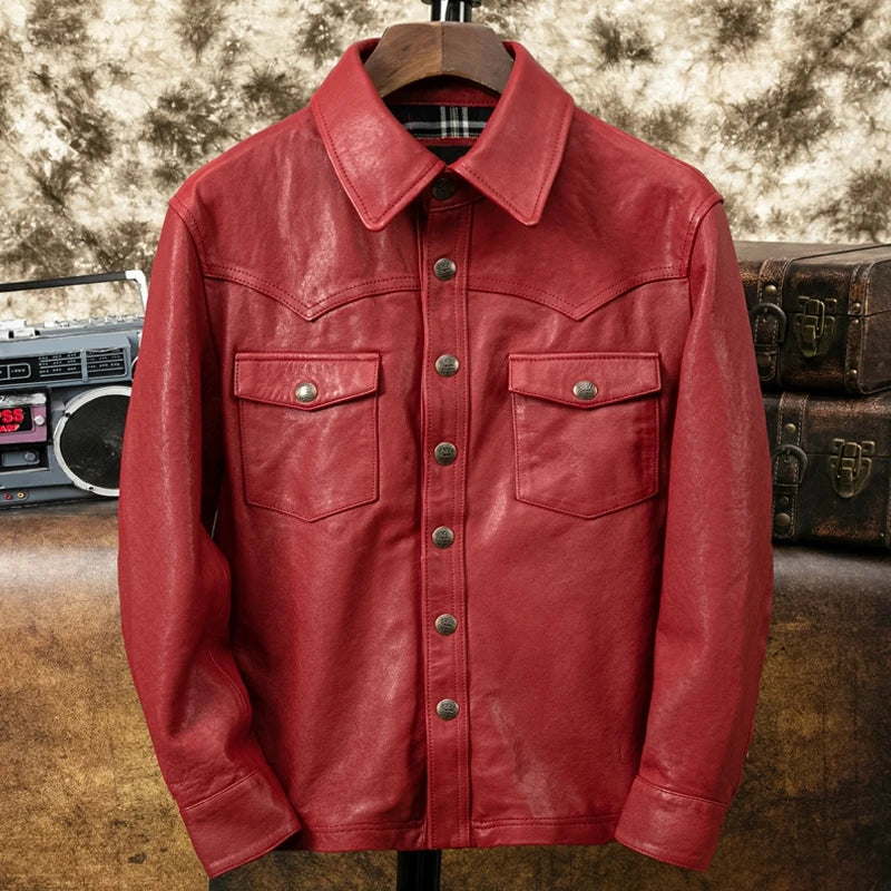 Veste homme orange en cuir de mouton – CLEVI Paris