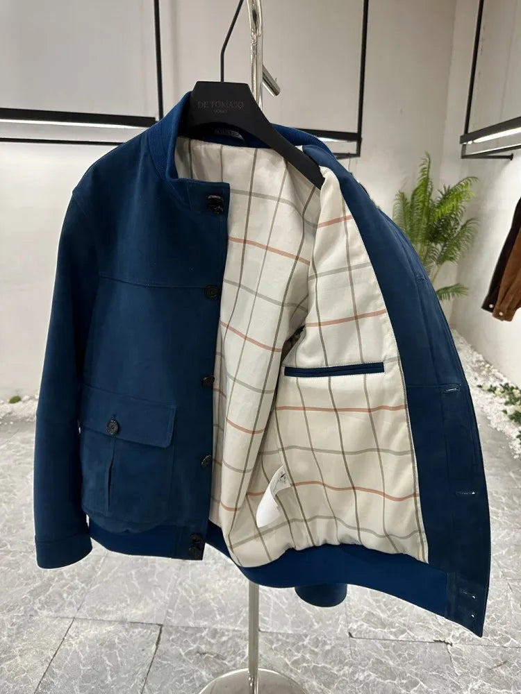 Veste homme bleue aspect daim à col montant – CLEVI Paris