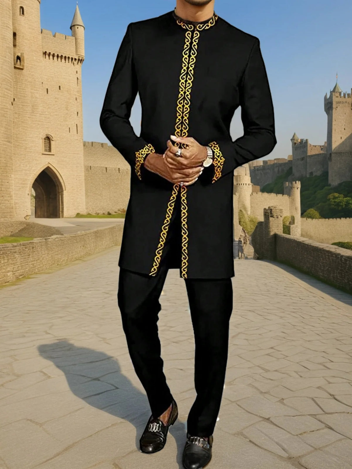 Kaftan Homme 2 Pièces Brodé Floral Col Mao Manches Longues + Pantalon Élastique Style Africain Mariage M-4XL – CLEVI Paris
