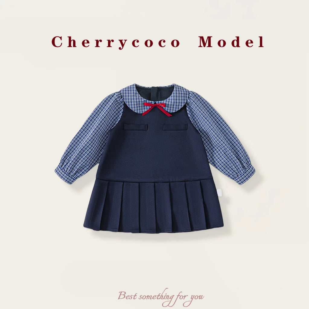 Robe fille bleu foncé à col Claudine – CLEVI Paris