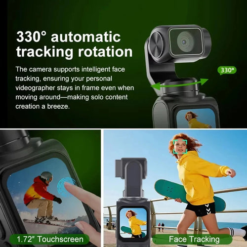 Caméra Vlog 4K de Poche Gimbal Intégré – Rotation 330° Suivi Facial Tactile – CLEVI Paris