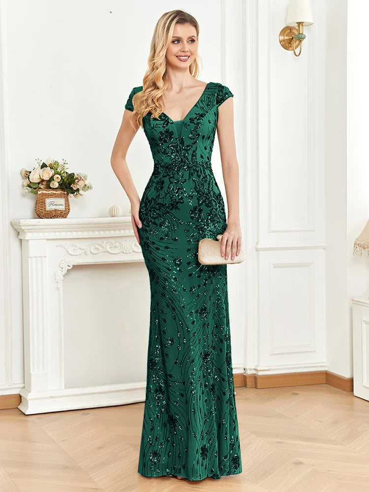 Robe de soirée sirène brodée col V – CLEVI Paris