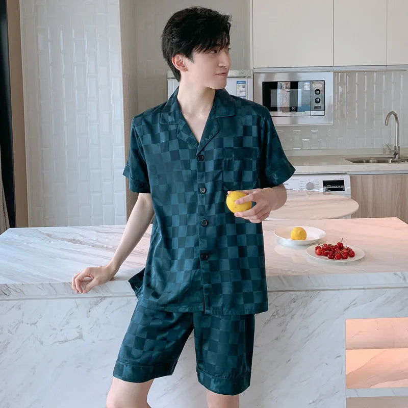 Pyjama Homme 2 Pièces Soie de Glace Satin Col Rabattu Manches Longues Style Luxe Imprimé Printemps Été – CLEVI Paris