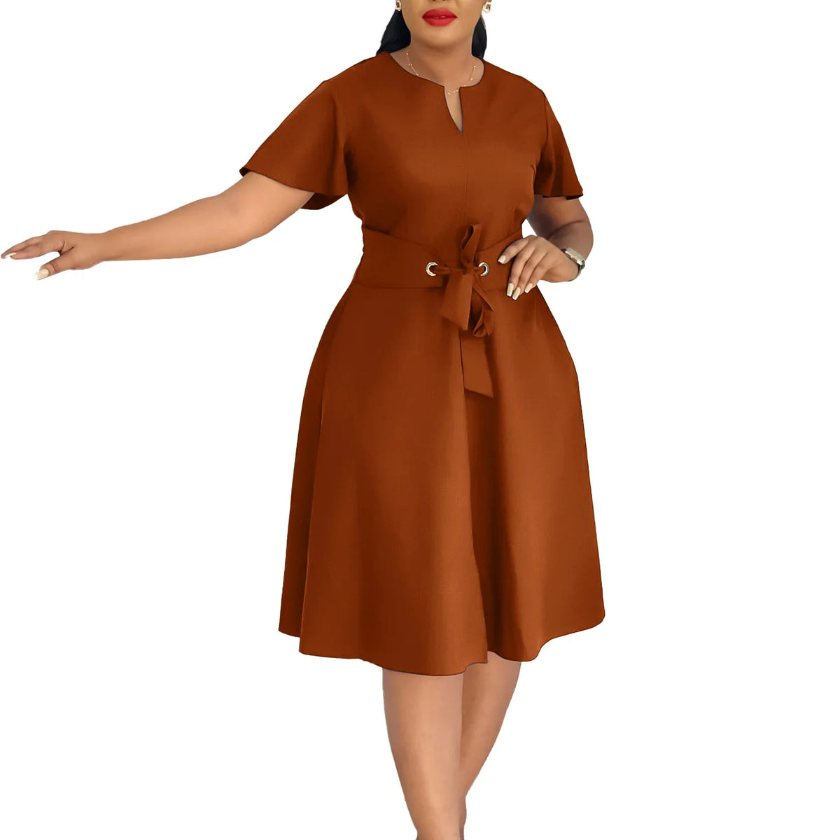 Robe Femme Grande Taille Col V Manches Courtes Mi-Mollet Élégante – CLEVI Paris