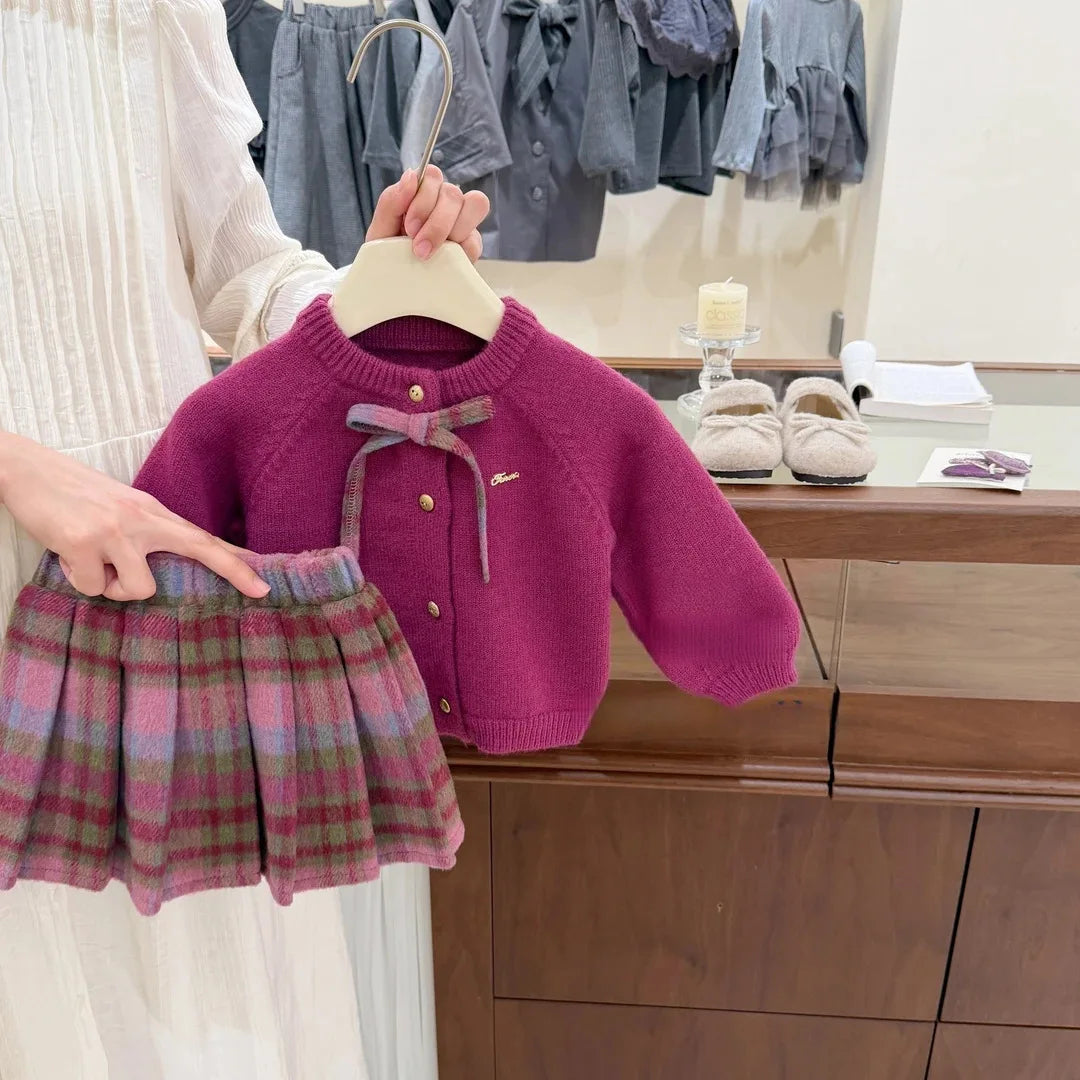 Cardigan et jupe à carreaux fille – CLEVI Paris