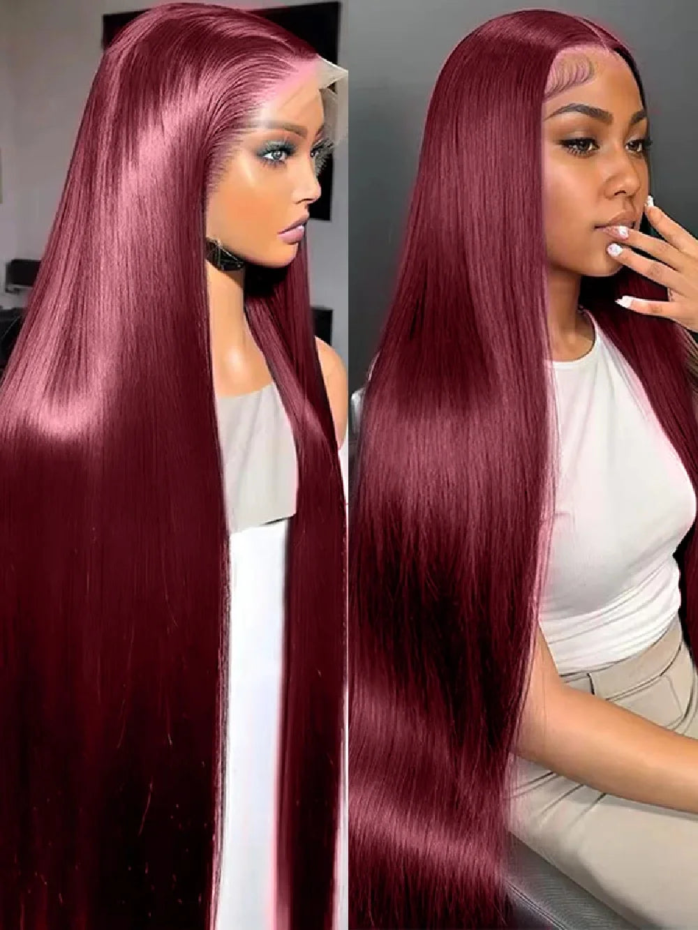 Perruque Lace Front HD 99J Bordeaux Cheveux Remy Lisse – CLEVI Paris