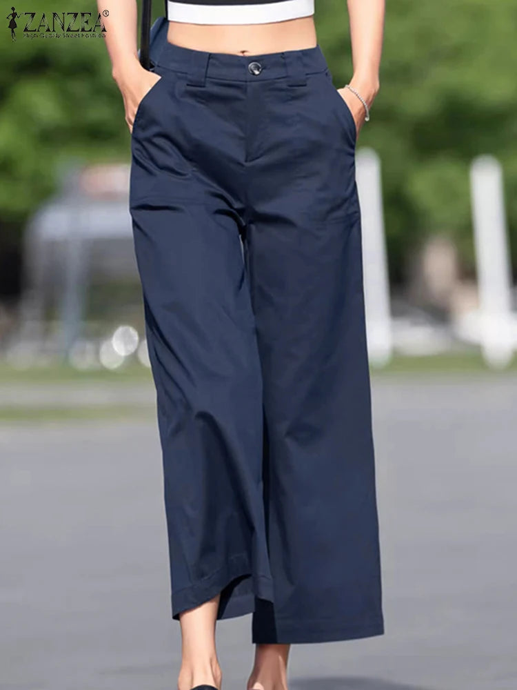 Pantalon Femme Taille Haute Jambe Large Uni Poches Style Casual Toutes Saisons – CLEVI Paris