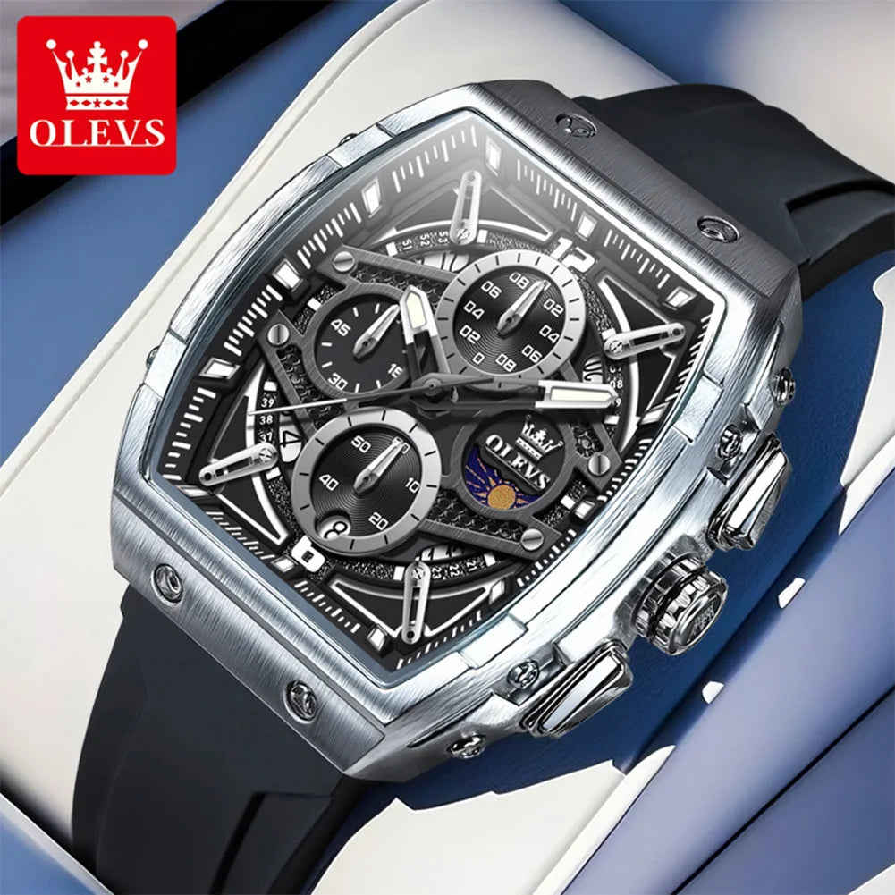 OLEVS 2975 Montre Homme Quartz Tonneau Évidé Grand Cadran Silicone Lumineux 30M – CLEVI Paris