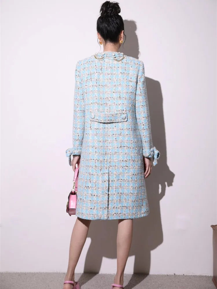 Manteau femme en tweed bleu clair à carreaux – CLEVI Paris