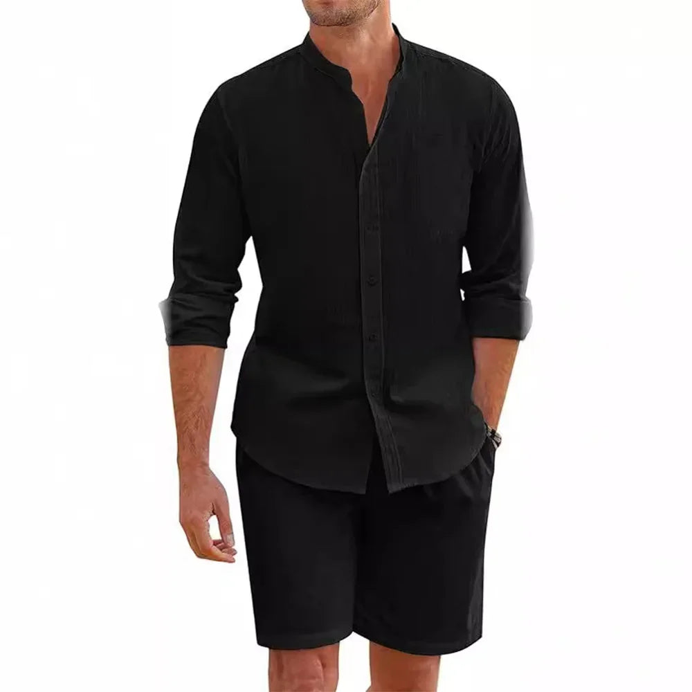 Ensemble 2 Pièces Homme Coton Lin Chemise Col Mao + Short Élastique Style Plage Casual – CLEVI Paris