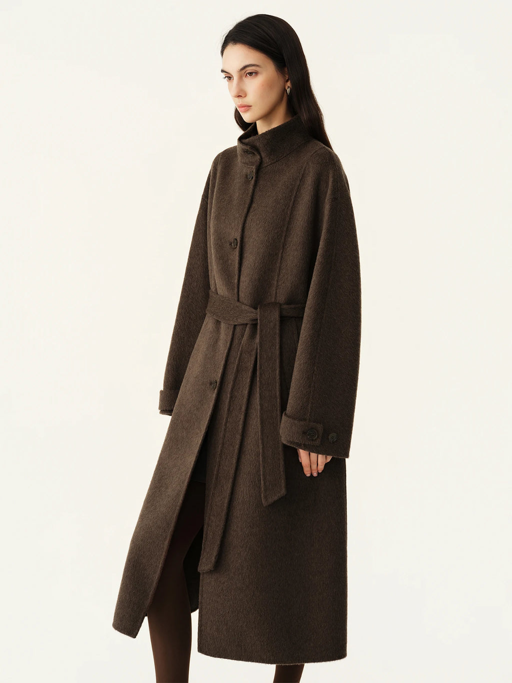 Manteau long en laine à col montant femme – CLEVI Paris