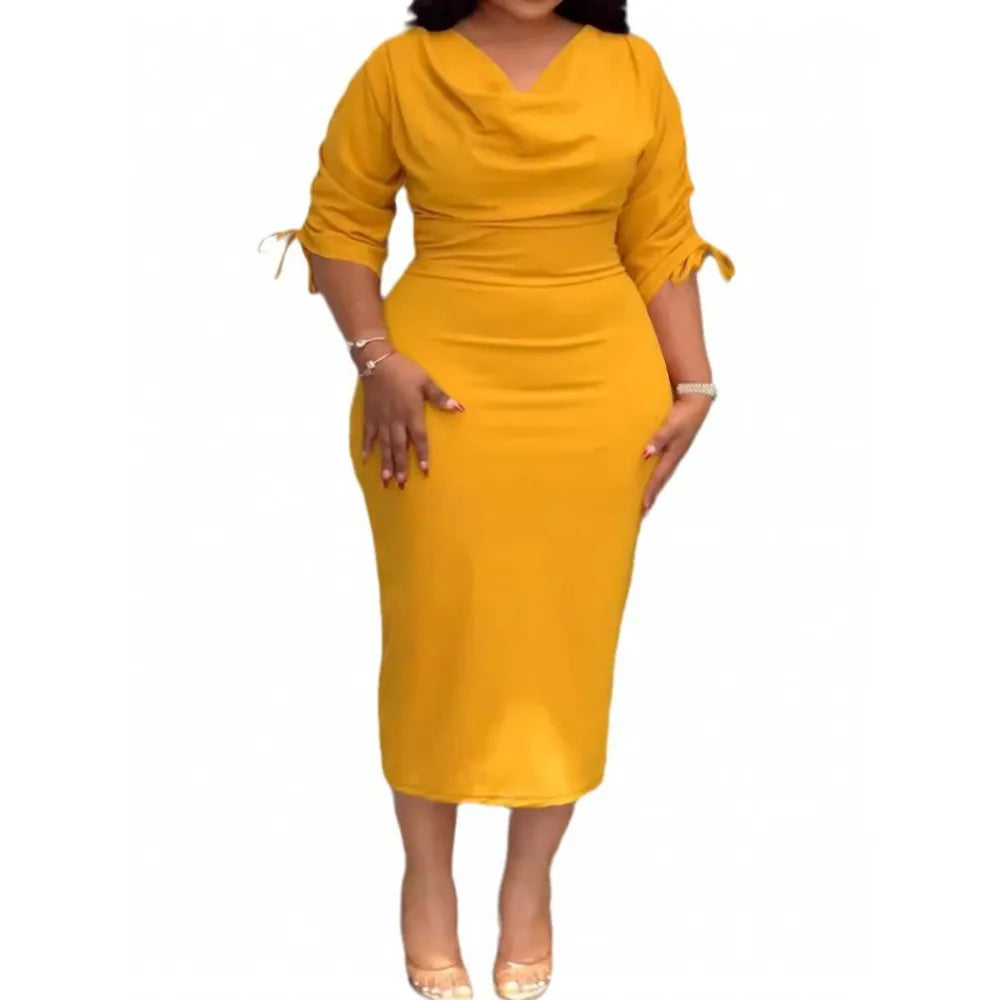 Robe Femme Grande Taille Col V Manches 3/4 Crayon Mi-Mollet Lacets Bureau Casual – CLEVI Paris