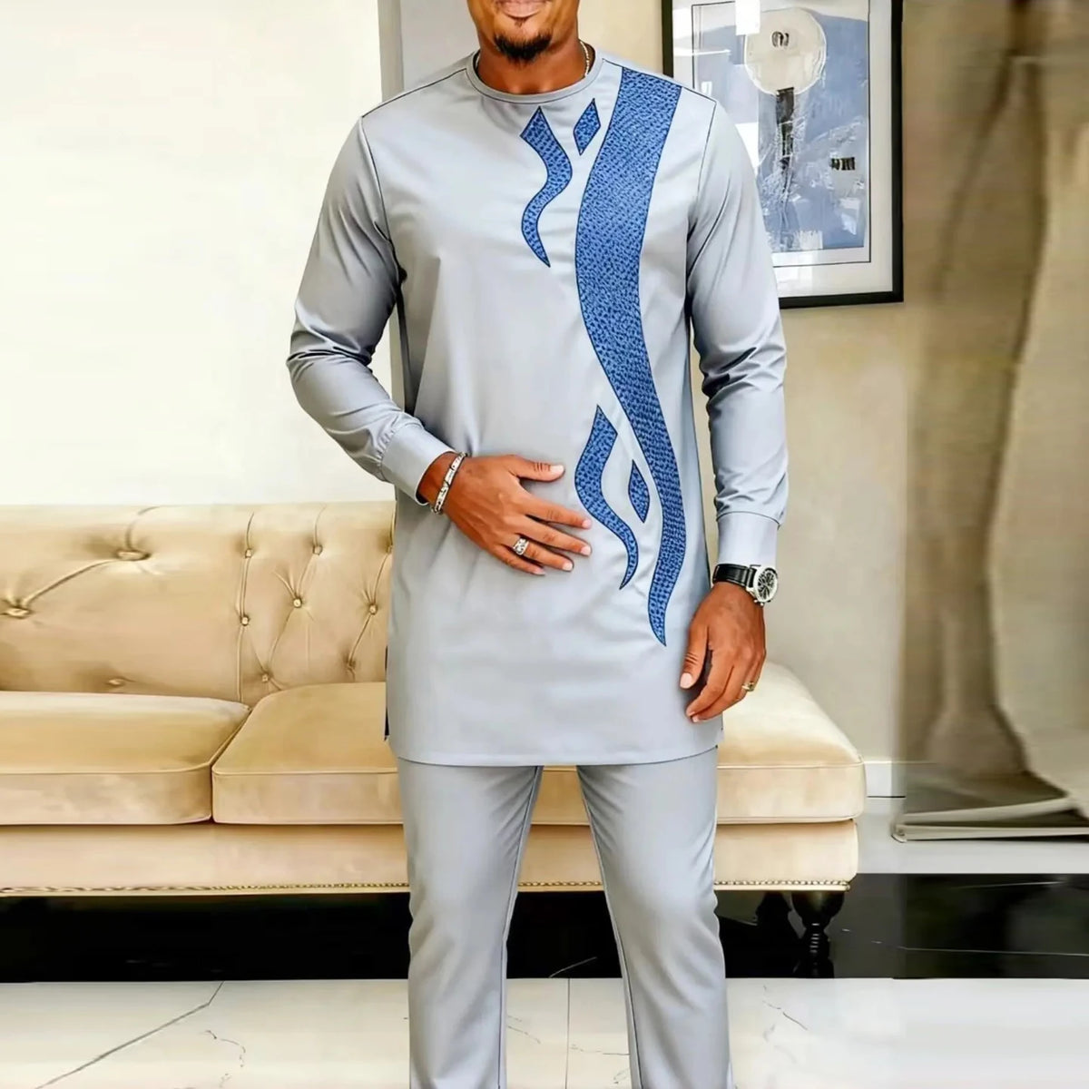 Ensemble Kaftan Africain Homme 2 Pièces – Costume Brodé Manches Longues – CLEVI Paris