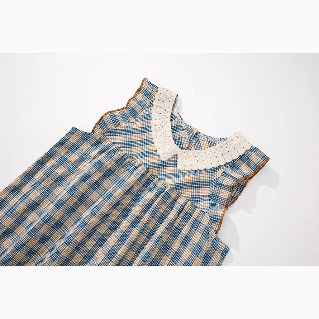 Robe fille bleue à carreaux et col Claudine – CLEVI Paris