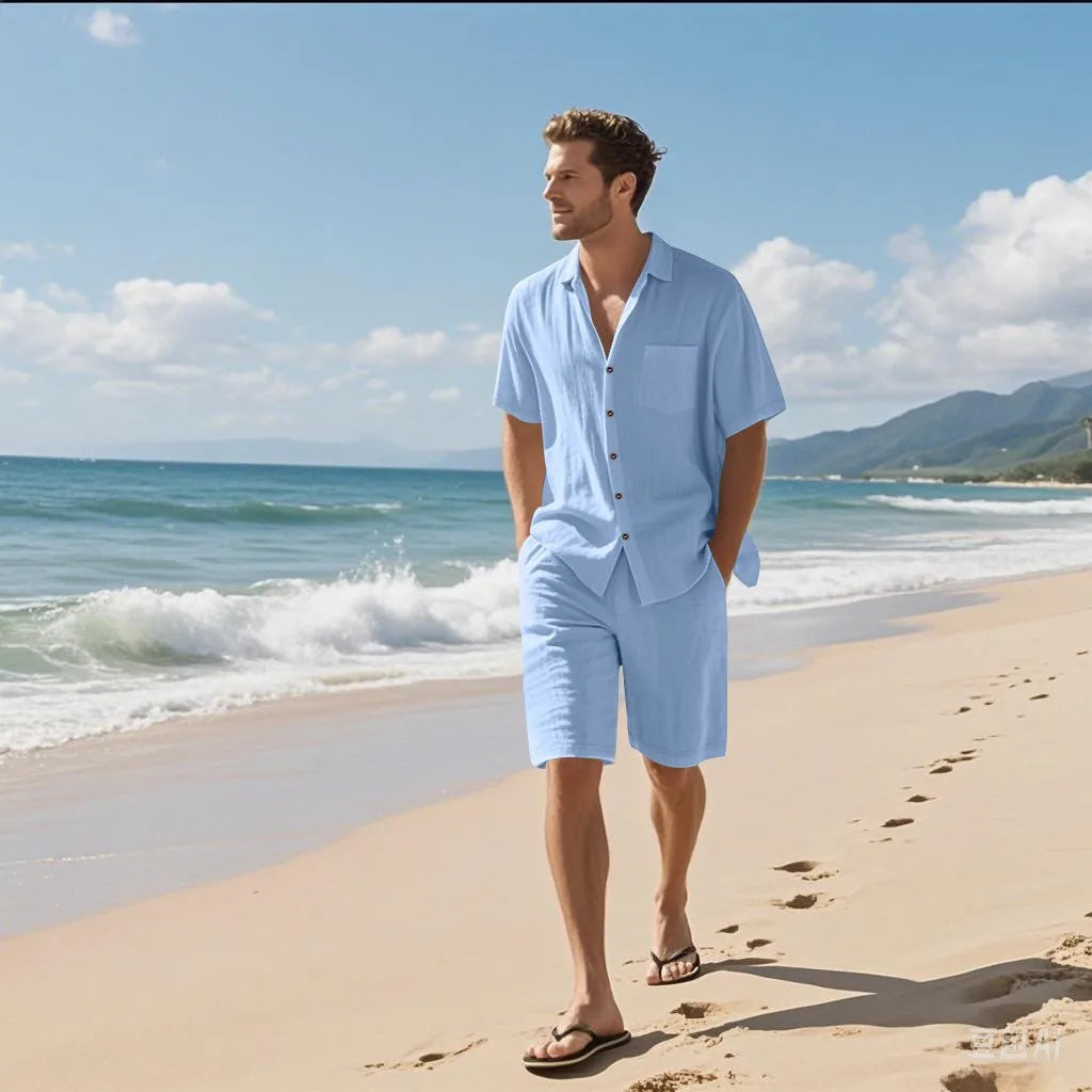 Ensemble 2 Pièces Homme Lin Chemise Manches Courtes + Short Casual Plage Été – CLEVI Paris