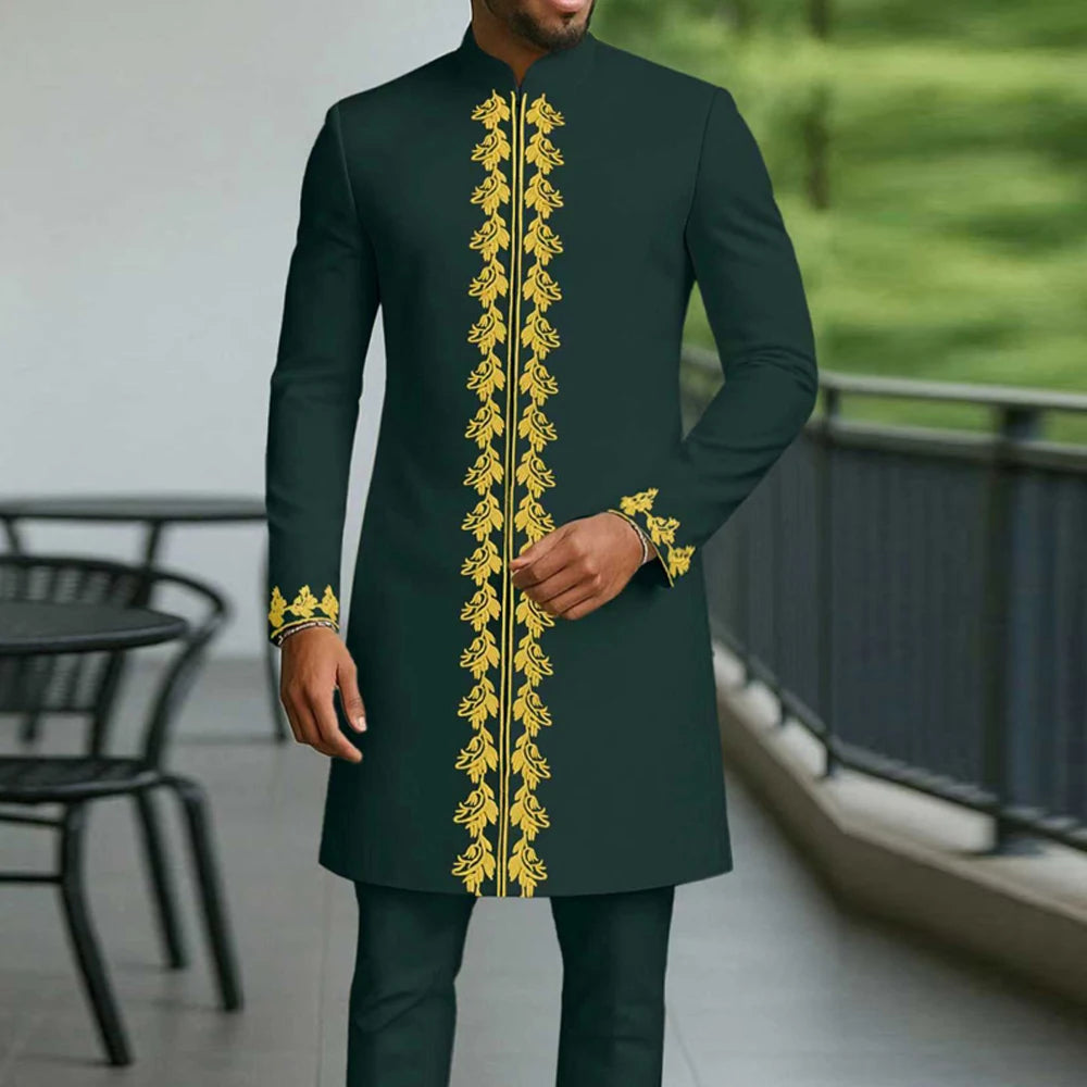 Kaftan Homme 2 Pièces Brodé Floral Col Mao Manches Longues + Pantalon Élastique Style Africain Mariage M-4XL – CLEVI Paris