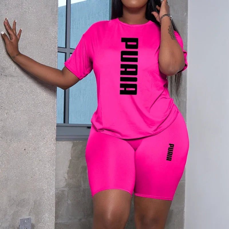 Ensemble 2 Pièces Femme T-Shirt Col Rond Manches Courtes Imprimé + Short Casual Sport 8 Coloris – CLEVI Paris