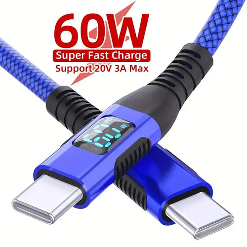 Câble USB-C vers USB-C 60W PD Affichage LED Nylon – CLEVI Paris